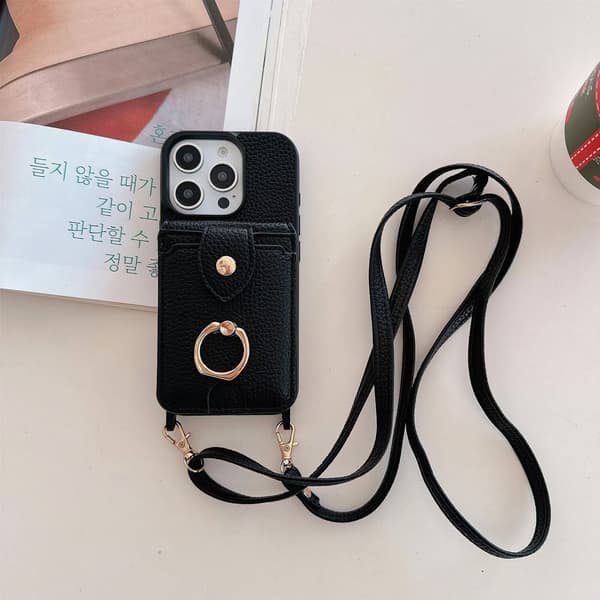 Etui til iPhone15 6.1 Sort Crossbody Multi-kort Ring Solid Herre Fuld Anti-fald Læder