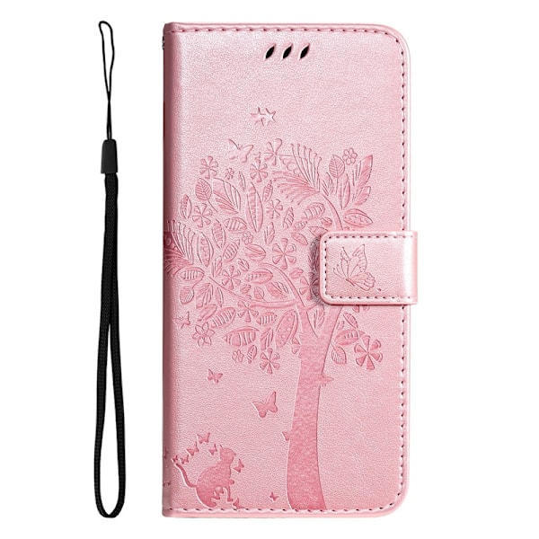 Etui til iPhone 13 mini rosaguld præget kat og sommerfugl læder under træet