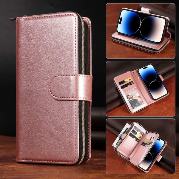 Etui til iPhone 13 Pro rosa glidelås multi-hette skinnlommebok