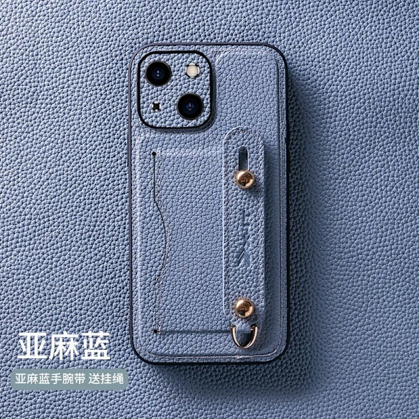 Fodral för iPhone 13 linneblå läder kohud armband stativ snodd kortplats anti fall