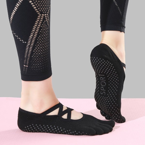 2 par sorte 5 tå sokker bandage efterår vinter bomuld dame silikone skridsikker ballet yoga pilates sokker A