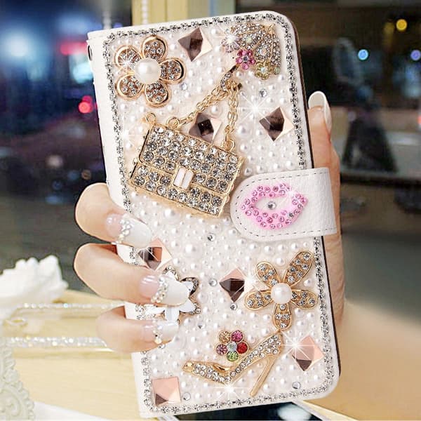 Fodral för iPhone 14plus paraply plånbok vitt läder full strass kortplats