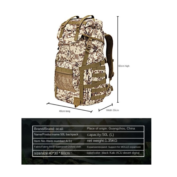 Kvinder pige rygsæk skuldertaske skoletaske Outdoor Sports Combat Bag Camouflage Vandtæt Stor Vandreture 50L Default Title