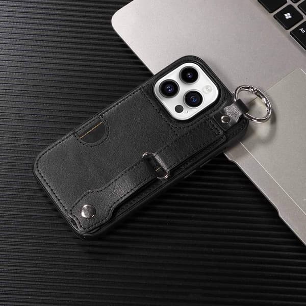 Etui til iPhone 13 Pro Max sort kalvemønster kortholder ring spænde håndledsrem
