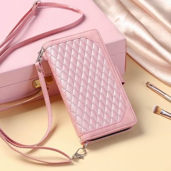 Fodral för iPhone 14plus roséguld långt rep diamantgitter dragkedja trycklinje läder multi bil