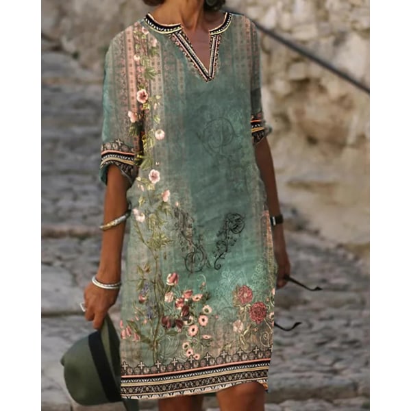 Etnisk print afslappet kjole med V-hals Green 4XL