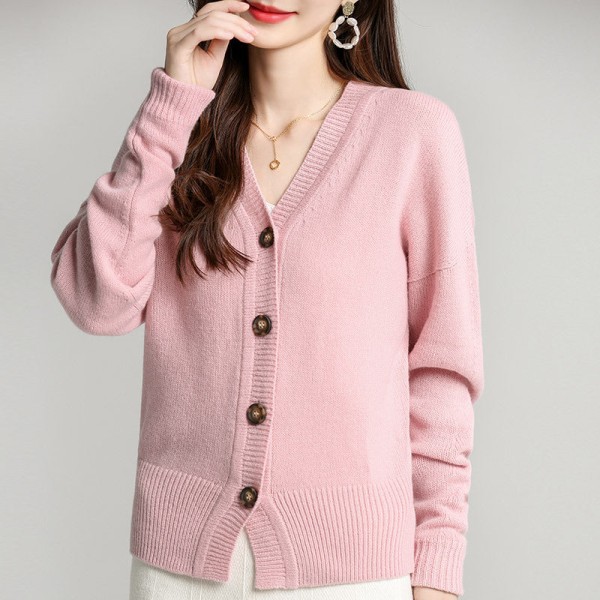 Kvinnor Stickat Höst Vinter Sweat Lös Stickad Kappa V-ringad Drop-Soulder Ytterplagg Cardigan Pink XL