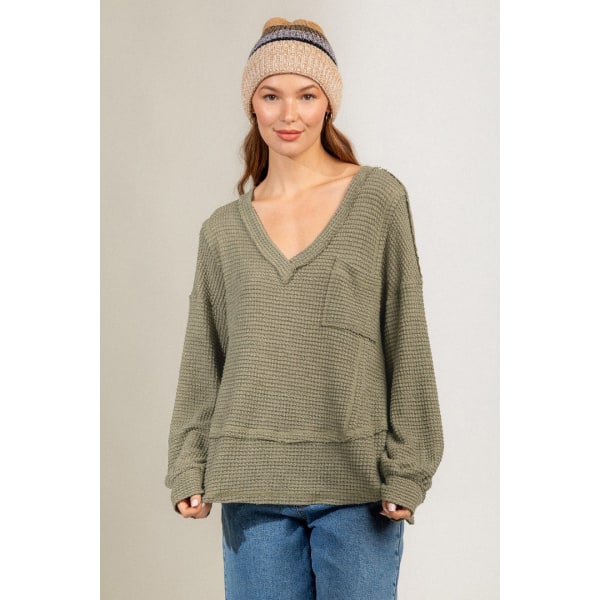 Kvinder strik efterår vinter sweater top v-hals langærmet vaffel strikket bundskjorte Army Green XL