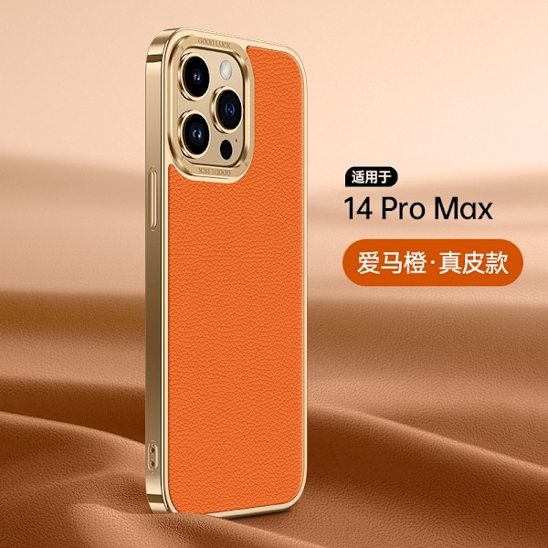 Fodral för iPhone 13 Emma Orange äkta läder Mushang läder elektropläterad mjuk kant metalllins