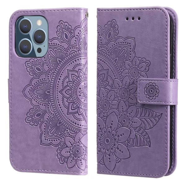 Fodral för iPhone 13PRO lila mandala läder kortplats flip stativ