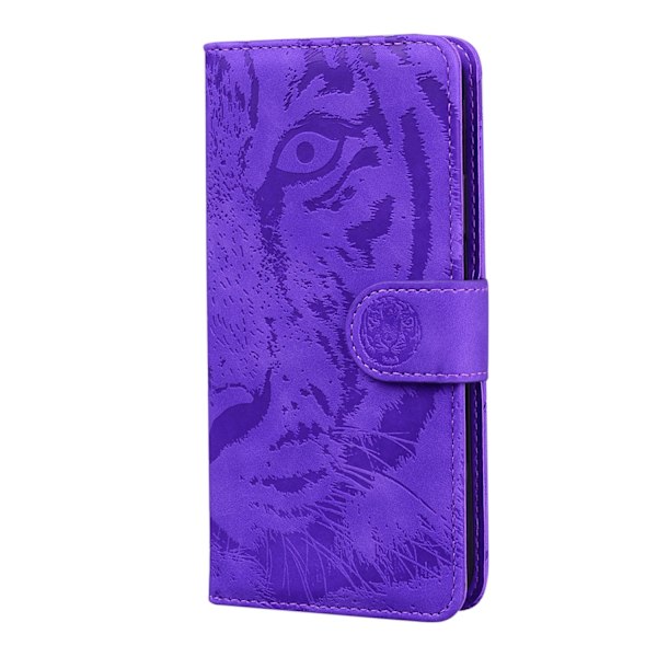Etui til iPhone 14 Pro MAX 6.7 Lilla præget tigerhud læder kortslot flip wallet