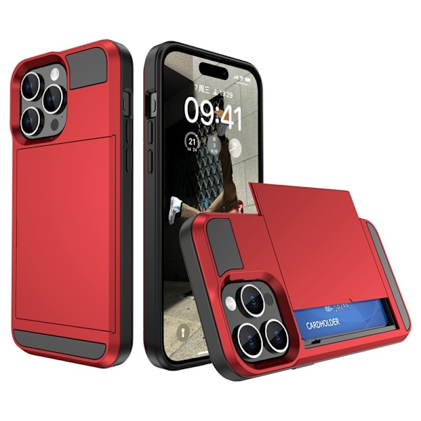 Kotelo iPhone 15 Pro -puhelimelle, liukukorttipaikka, punainen panssaripaikka