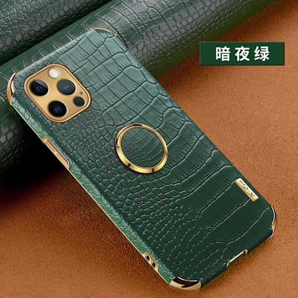 Fodral för iPhone 14 Pro Max mörkgrön [ringmodell] PU krokodilläder mjukt ringstativ helkroppsskydd