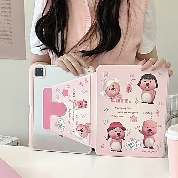 Stilig etui for iPad mini 6 8.3\" rosa bever roterende malt søvnfunksjon