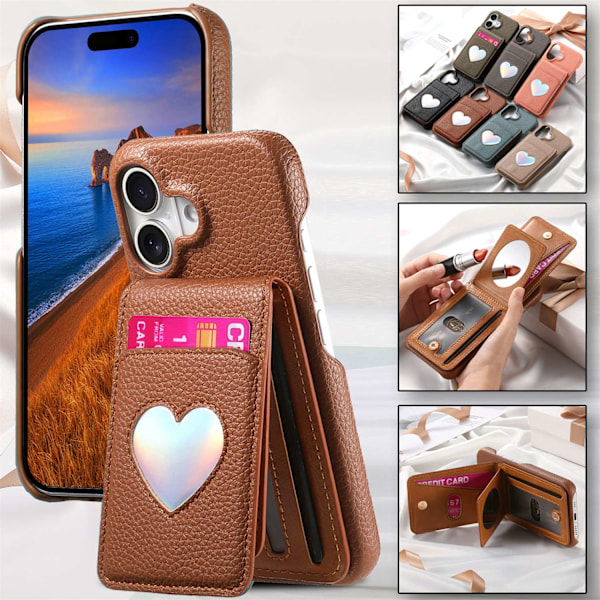Kotelo iPhone 16 Pro Max -puhelimelle, ruskea, japanilainen ja korealainen, pieni, kirkas, nahkainen, laser sydänpeili