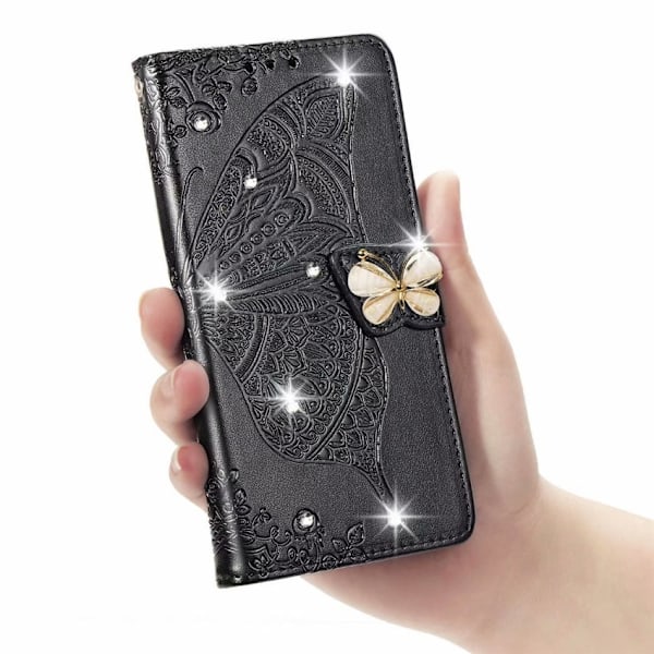 Etui til iPhone 13 sort boret 3D blomst sommerfugl læder diamant præget disk