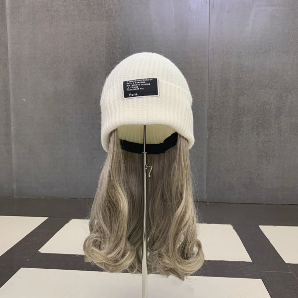 Varm vinterstrikkede lueluer Lilla koreansk stil All-Match usynlig avtakbar lue parykk unisex White-knitted hat wig M（56-58cm）