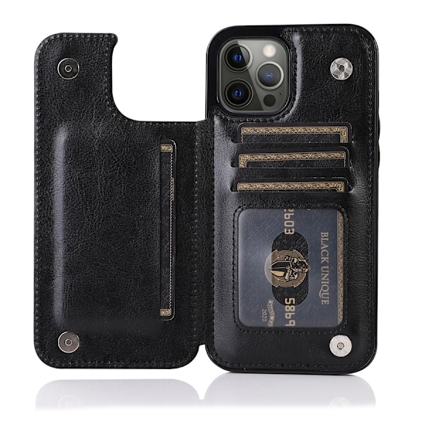 Etui til iPhone 6 Plus, svart, solid, dobbel spenne, lommebok, kort