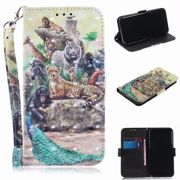Etui til iPhone 13 Pro Zoo malet læderprint tegneserie kort slot pung