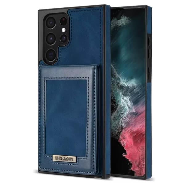 Etui til iPhone 15 Plus blått brakett kortholder multifunksjon