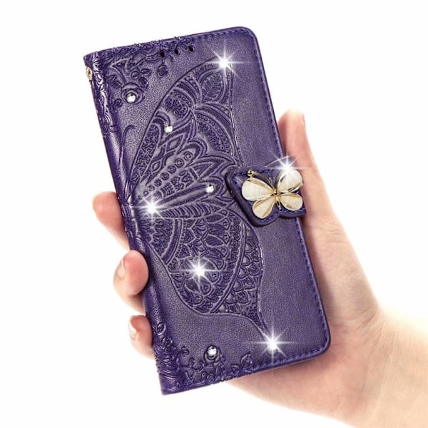 Etui til iPhone 13 mørkelilla boret 3D blomst sommerfugl læder diamant præget disk