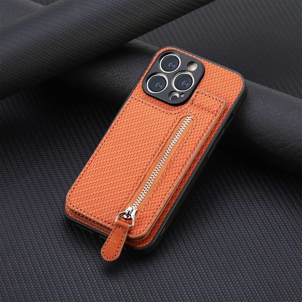 Fodral för iPhone 13 Pro Max brun övre och nedre öppning korthållare plånboksstil stativ dragkedjeväska i