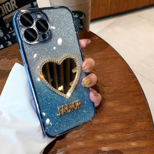 Deksel til iPhone 17 Pro Hjerte Speil + Gradient Glitter Far Peak Blå