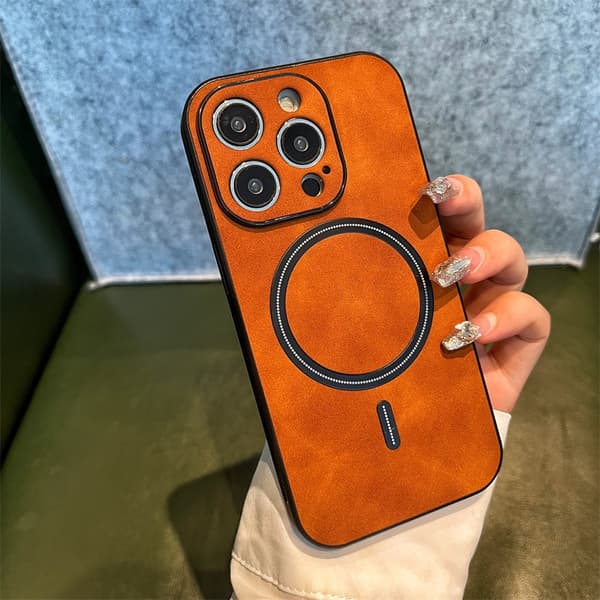 Fodral för iPhone 13 Pro Max brun lammskinn magnetisk lädertextur full