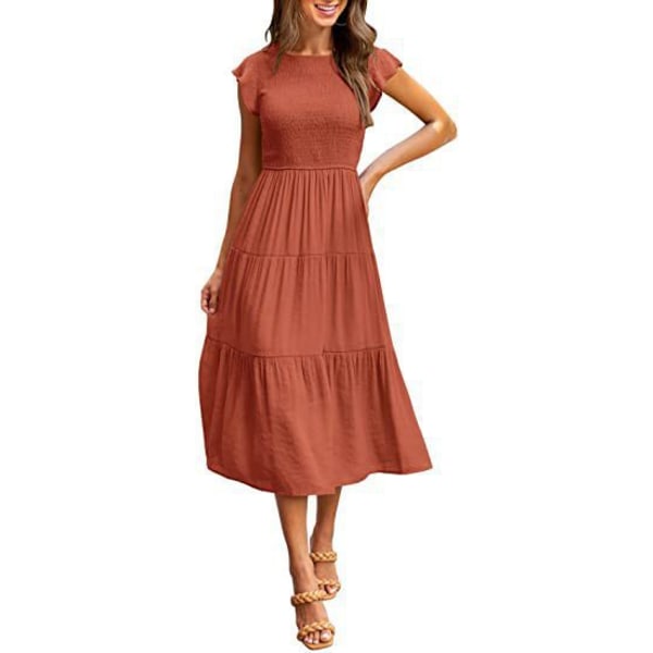 Flying Sleeves Plissering Layered Short Sleeves Large Swing Dress for Women Orange S