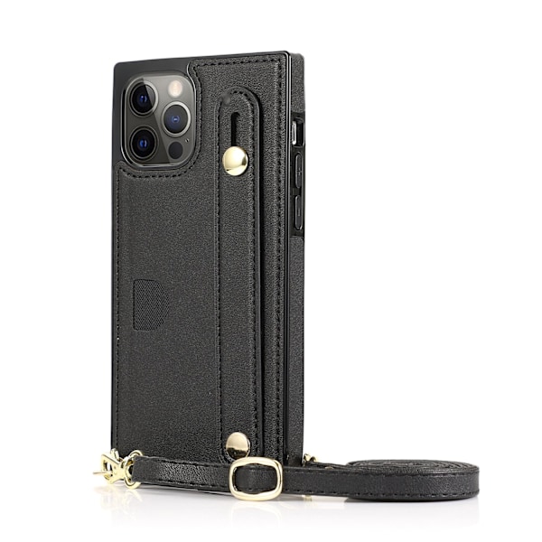 Kotelo iPhone 13 Pro 201:lle, musta takakorttipaikka, kaulanauha, crossbody-pidike