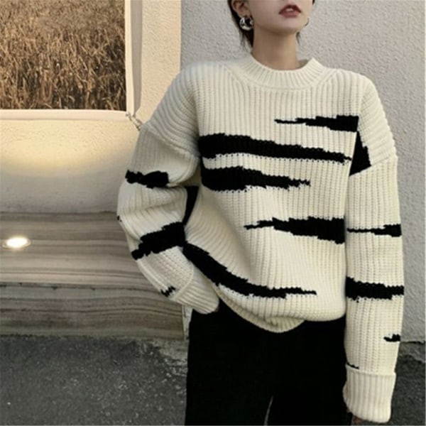 Kvinder Strik Efterår Vinter Sweater Idle Style Stribet Sweater Rund Hals Løs Pullover Top White M