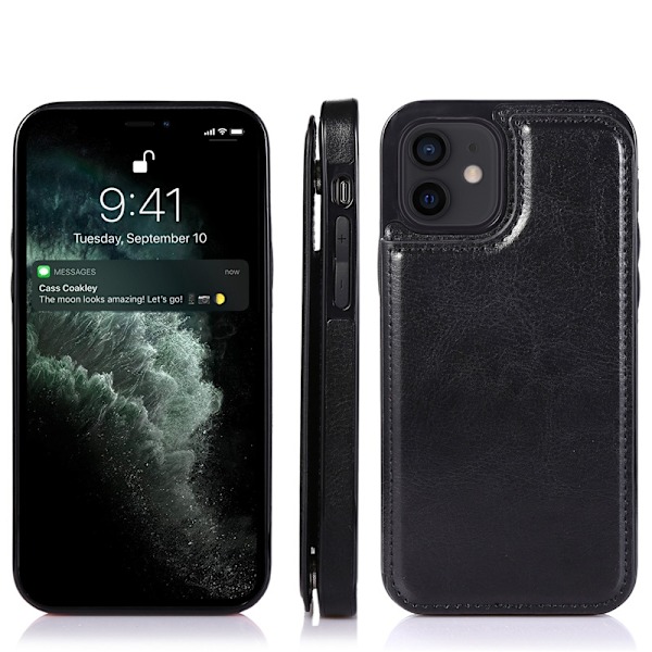Kotelo iPhone 13 Minille, musta, kaksoissoljellinen crazy horse -nahkainen jalustalompakko