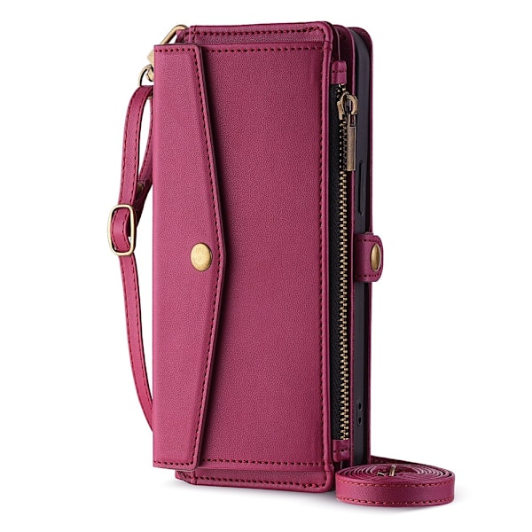 Fodral för iPhone 16plusröd crossbody axelrem läder multifunktionellt kortfodral
