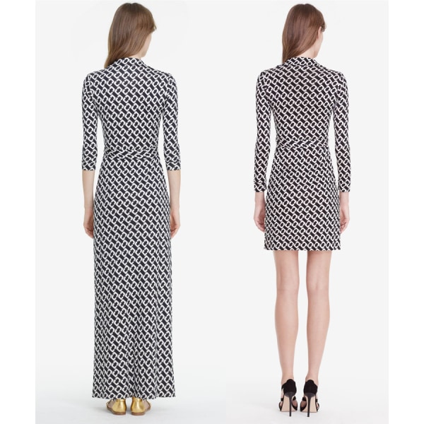 Slim Dress Mustavalkoinen Ketju Elegantti Slim Fit Laihduttava Naisten Mekko Collarless 3/4 sleeve long XS