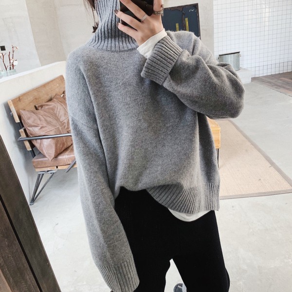 Kvinder Strik Efterår Vinter Sweater Enkel Temperament Høj krave Basis Matchende Varm Gray 70*122*52cm