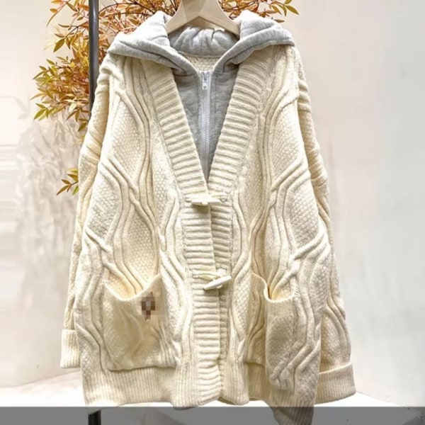 Kvinder strik efterår vinter sweater syning hætte alsidig mellemlængde horn knapfrakke Beige 72*124*43cm