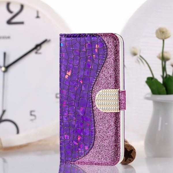 Fodral för iPhone 13 lila laserglitter krokodilmönster lapptäcks läder kortplats plånbok