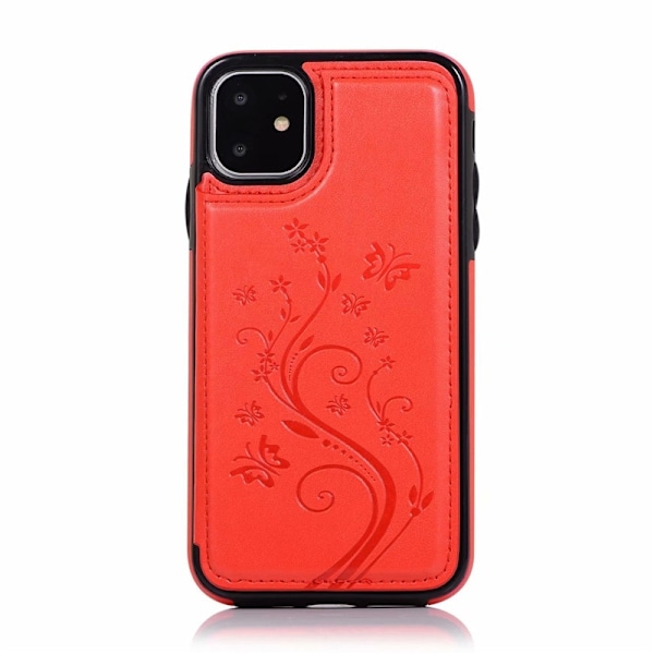 Etui til iPhone 14 Stor Rød Dobbelt Spænde Præget Sommerfugl Læder Etui Stativ Wallet Koreansk