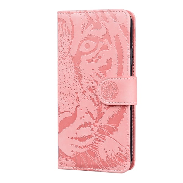 Fodral för iPhone 14max 6.7 Rosa präglat tiger skin läder kortplats flip plånbok