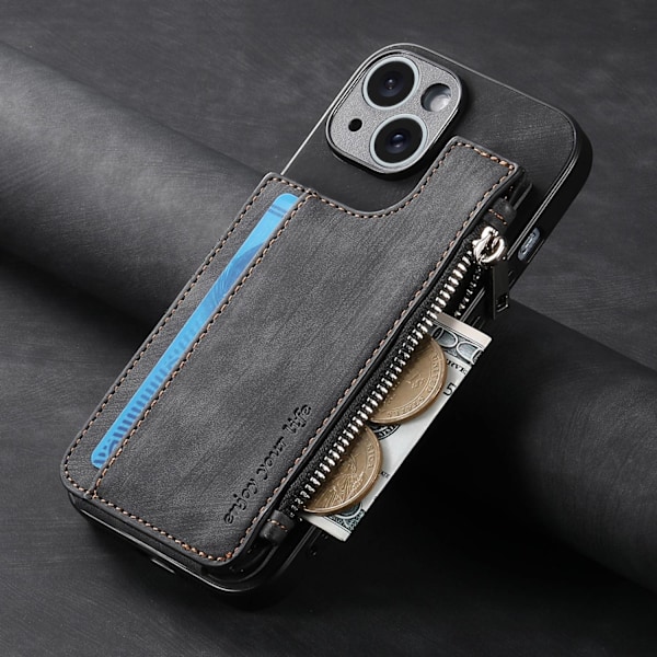 Fodral för iPhone 13 svart export multi kort business retro dragkedja förvaring läder