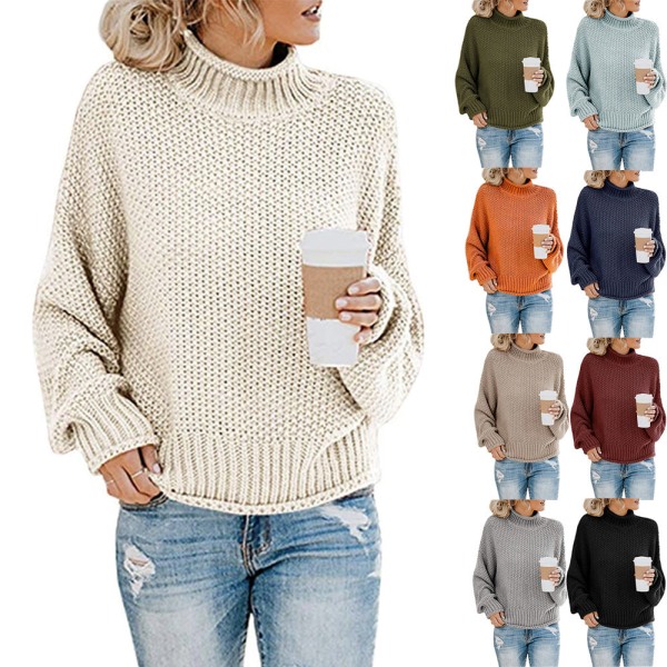 Damestrikk Høst Vinter Genser Dameklær Tykktråd Turtleneck Pullover Apricot XL