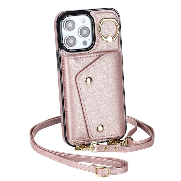 Fodral för iPhone15promax roséguld crossbody multi card ring mode plånbok multi funktion card ho
