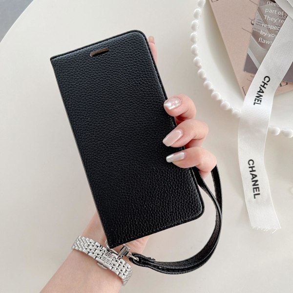 Fodral för iPhone 13mini lychee textur vänster och höger öppning svart flip läder kortplats magnetisk