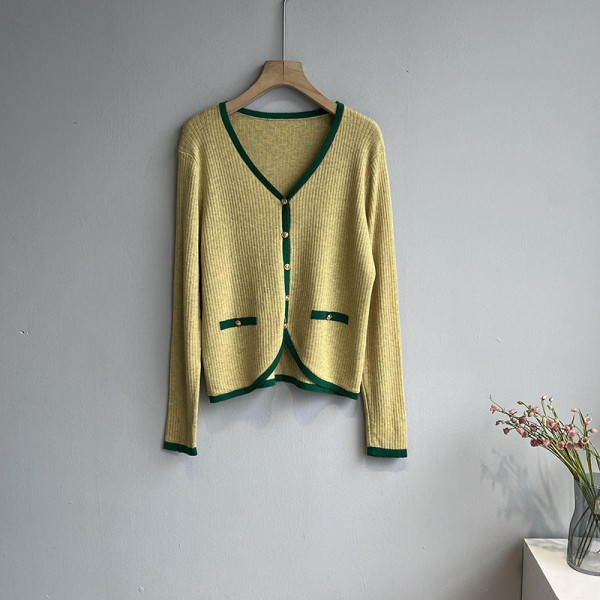 Kvinder Strik Efterår Vinter Sweater V-krave Kontrastfarve Casual All-Match bundskjorte Top tynd Yellow 56*84*59cm