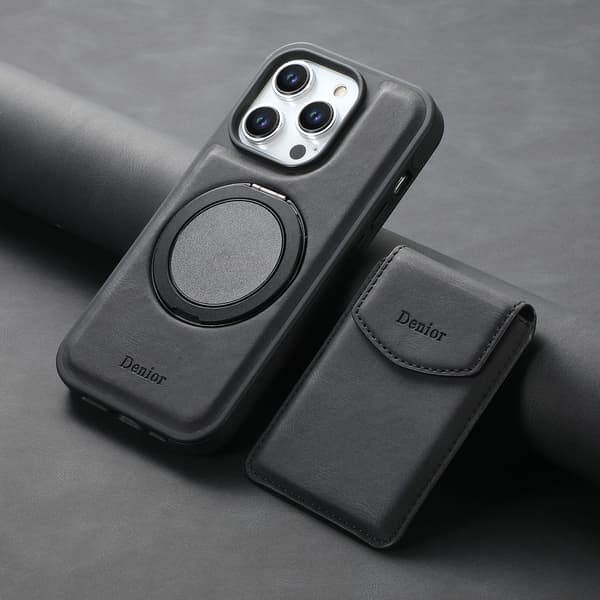 Etui til iPhone 15 Plus/14 Plus sort magnetisk roterende beslag kombinationsfunktion kortholder