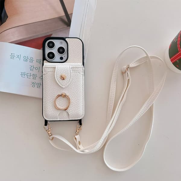 Etui til iPhone 14 Pro Hvit Crossbody Multi-kort Ring Solid Herre Full Anti-fall Lær