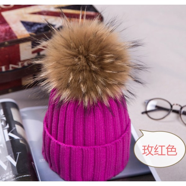 Varm vinter strik hue hue efterår curling ørebeskyttelse koreansk stil plys bold uld unisex Raccoon Fur 15cm Rose Red M