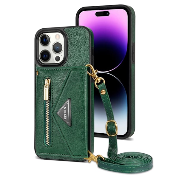 Etui til iPhone16PRO grøn lang snor side klistermærke kort lynlås pung stativ crossbody læder