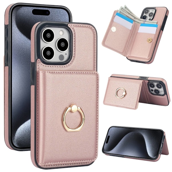 iPhone 15PRO -kotelo ruusukullanvärinen korttipaikka sormus lompakko ve-nahka