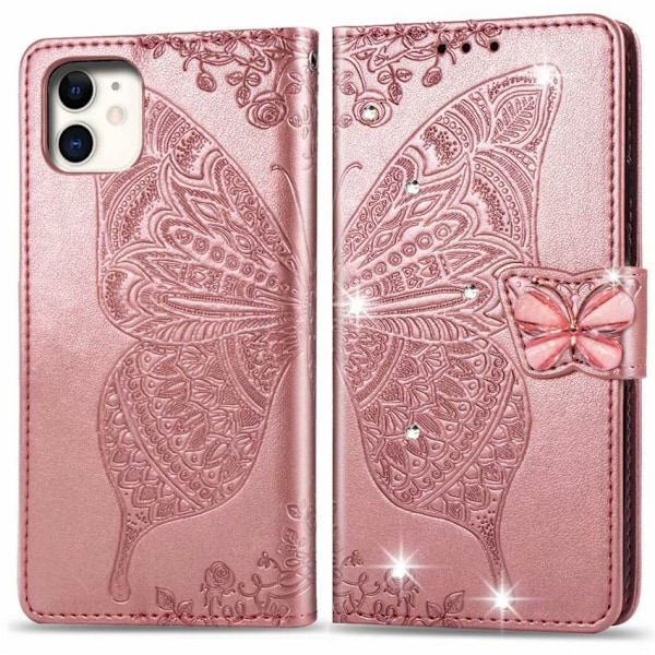 Fodral för iPhone 13 Mini Roséguld Diamantpräglad Fjäril Läder Blomma Disc